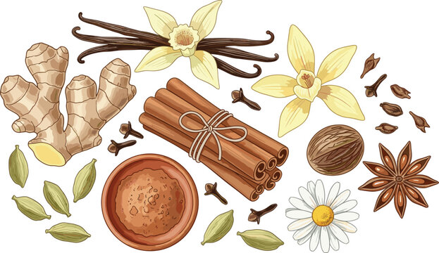 Natural aromatic spices and herbs collection with vanilla, cinnamon sticks, ginger, cardamom, clove and star anise vector illustration