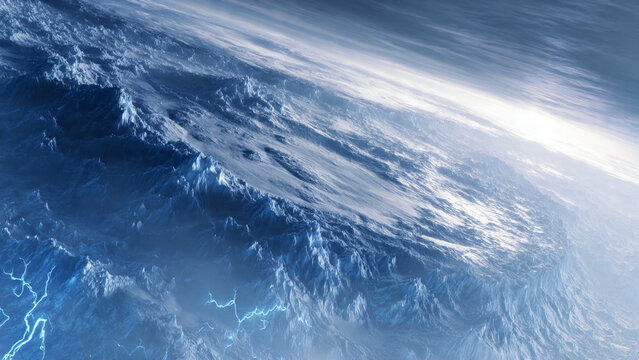 A futuristic ice world covered in massive glaciers and electric blue energy storms, perfect for science fiction, space, and fantasy concepts.
