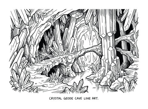 Crystal geode cave line art illustration featuring geode cave interior with crystal formations and rock bridge, black and white drawing