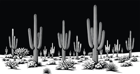 Desert cactus landscape silhouette illustration with saguaro cacti and arid vegetation on black background, western nature scenery vector artwork © Ideasy Mind