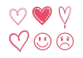 Hand Drawn Pink Heart Doodles and Emoticon Set for Valentines Day and Social Media Design
