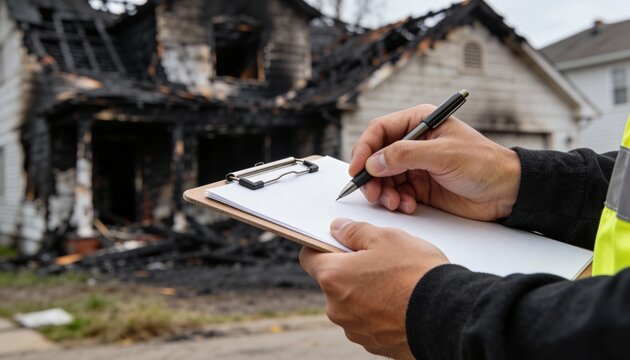 Close-up of an adjuster or inspector writing notes on a clipboard in front of a house damaged by fire, assessing the extensive structural damage.