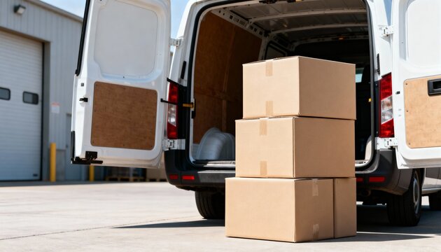 Stacked cardboard boxes sit behind a white cargo van with open doors at an industrial loading dock.