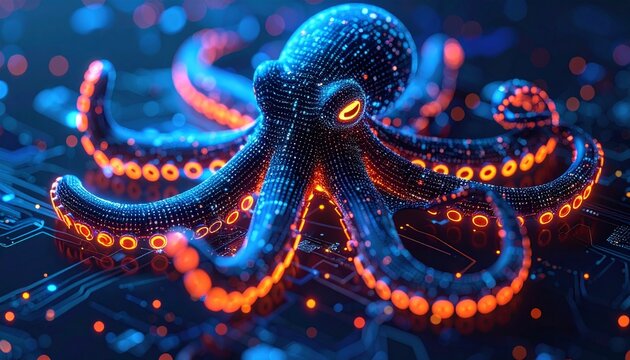 Digital Octopus on Circuit Board - Tech Concept