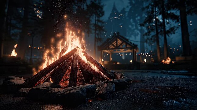夜の森の中で燃え盛る暖かく美しいキャンプファイヤーの炎