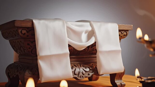 Bhumchu Festival White Silk Khata Ceremonial Scarf on Stand Soft Grey Gradient