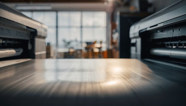 Looking up at the smooth aluminum base of a large format printer with heavy bokeh in the background