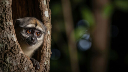 Obraz premium Cute lemur peeking out from tree hollow in forest