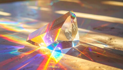 Prism refracting sunlight into rainbow colors on a wooden surface.