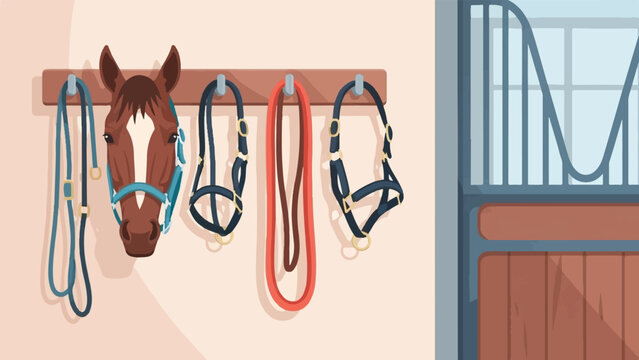 Horse head and tack hanging on stable wall near a stall door