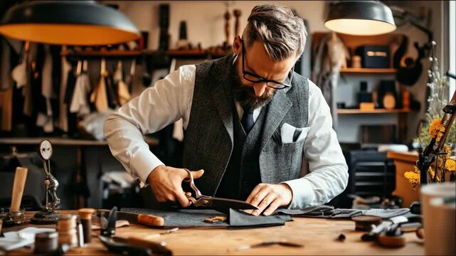 Tailor crafting custom clothing with scissors and tools in cozy workshop studio, focused craftsman cutting fabric on wooden table, creative cutting and sewing atmosphere with warm lighting