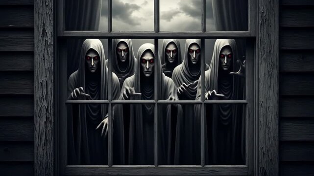 Spooky figures in a window at night.