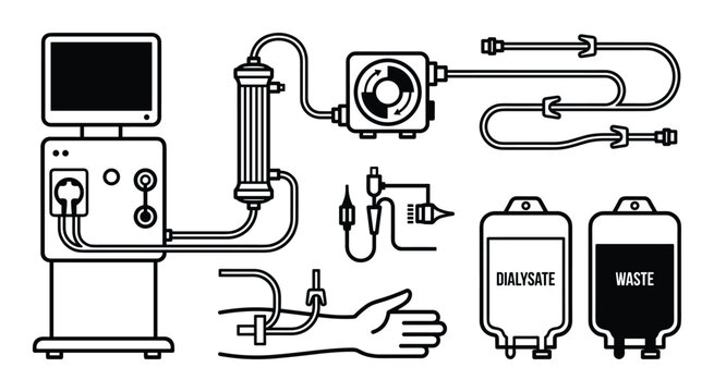 Dialysis machine vector illustration. Medical equipment for blood purification, dialysate bags, arm with catheter.