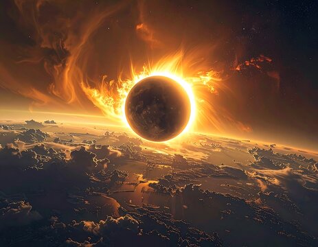 A stunning celestial event featuring an annular solar eclipse. Earth's surface meets a fiery corona, creating a dramatic cosmic vista