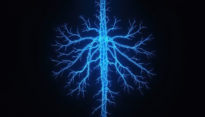 Glowing Blue Tree Silhouette Against Dark Background, Abstract Botanical Illustration