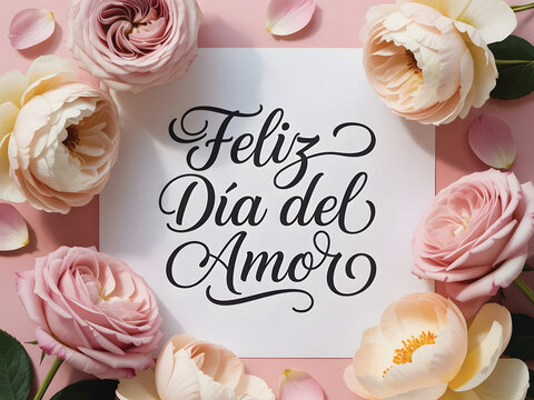 Beautiful flowers surround Feliz Dia del Amor message on pink background for spanish  weeding and Feliz dia de san valentin or Feliz dia del Amor or te amo greetings card