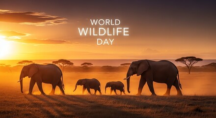 Elephant family walking across the African savanna at sunset for World Wildlife Day