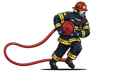Fototapeta premium Firefighter in Full Gear Holding Fire Hose Running in Action Scene