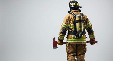 Firefighter Wearing Protective Suit Holding Axe and Hammer Standing in Empty Space