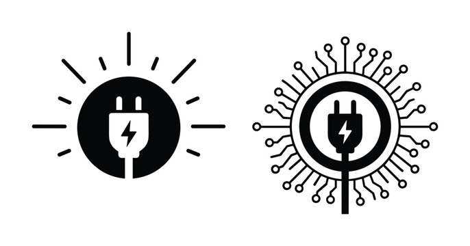 Electric plug technology icons set featuring circuit board and sun symbols for power and energy themes.