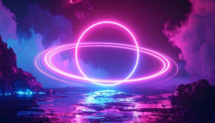 Futuristic neon planet with glowing rings in a mystical landscape.