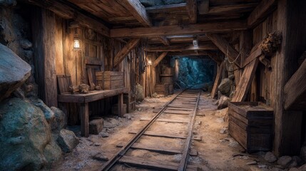 Naklejka premium 1880s dark old west mine shaft with wooden planks, metal rails, abandoned minecart, tools, amethyst crystals, cobwebs, wooden beams, crates, barrels, cinematic lighting, realistic oil painting