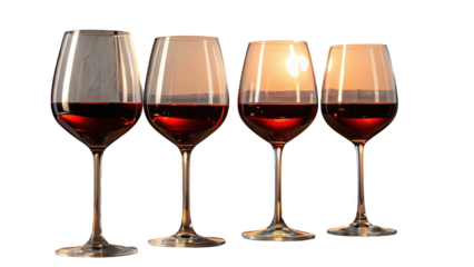 Four Elegant Crystal Wine Glasses Filled with Rich Red Wine, Set Against a Clean White Background—Perfect for Luxury Branding, Restaurant Menus, Winery Promotions, and Celebratory Toasts at Sophistica
