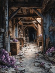 1880s dark old west mine shaft with wooden planks, metal rails, abandoned minecart, tools, amethyst crystals, cobwebs, wooden beams, crates, barrels, cinematic lighting, realistic oil painting