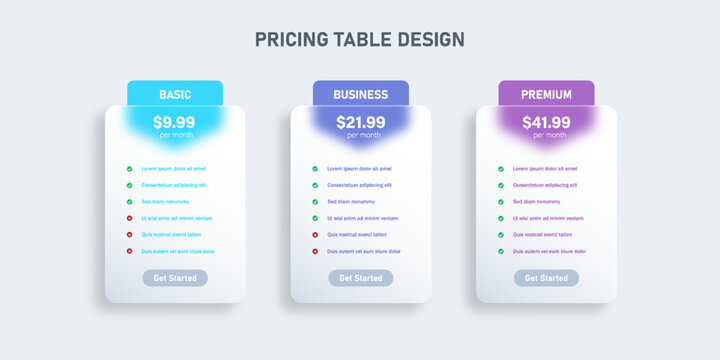 
Modern pricing table UI design displaying basic, business, and premium subscription plans with clean layout and glass elements
