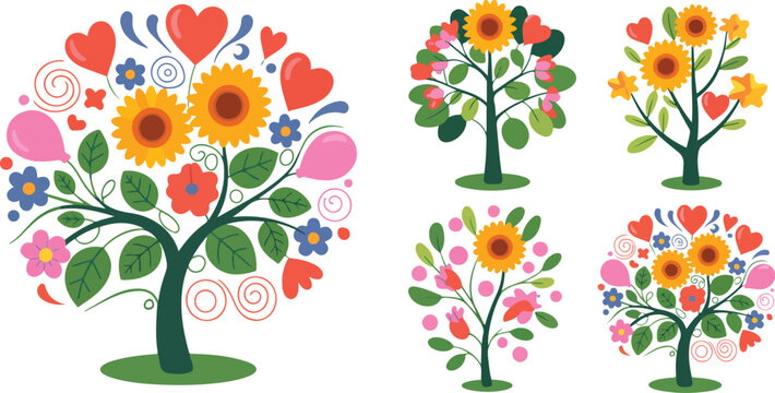 Colorful Holiday Tree Icon Set  Fantasy Celebration Trees with Flowers, Balloons, and Hearts