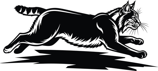 Running bobcat silhouette vector illustration, black and white wild lynx animal jumping, side view nature predator mascot logo design. © Shahanaj