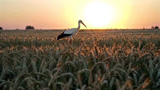 White storks standing in the wheat fields