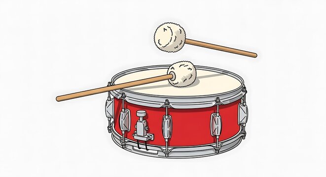 Brightly colored illustration of a classic red snare drum paired with two drumsticks, symbolizing rhythm and percussion, ideal for educational content or graphic designs