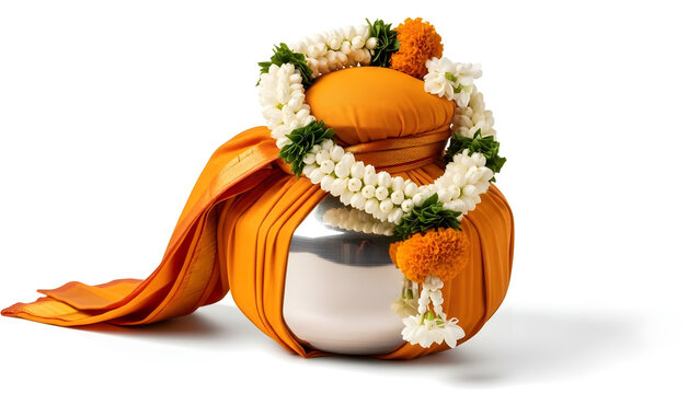 Traditional Thaipusam Kalasam Pot Adorned with Vibrant Marigold and Jasmine Garlands for Spiritual Ceremonies and Festive Celebrations on a White Background