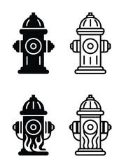 Fire hydrant vector illustrations, four fire hydrant icons, black and white hydrant drawing, fire safety equipment design
