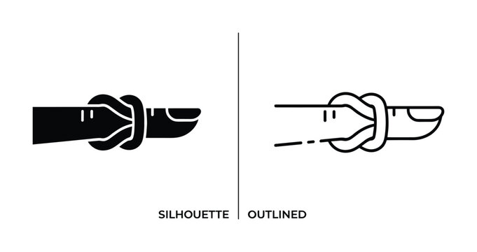 Finger with string tied on it, two versions silhouette and outlined finger with knot, simple reminder concept