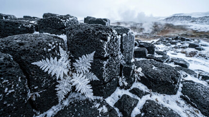 Frost covered rocks and delicate ferns create stunning contrast in winter landscape