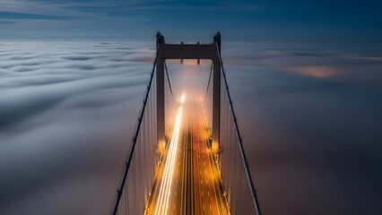 Suspension bridge traffic light trails through fog at dusk
