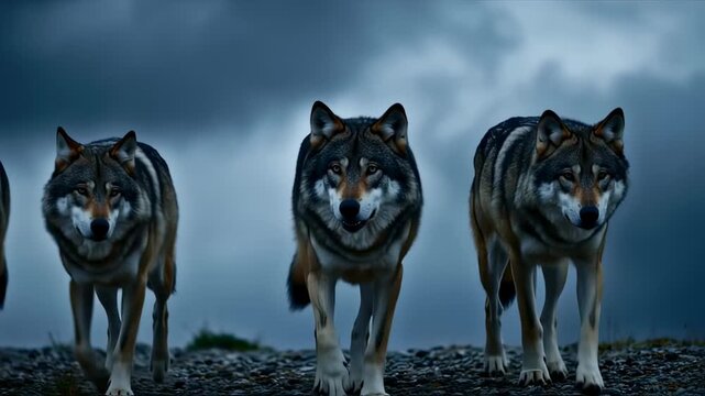 four wolves descend a rocky hill, their eyes intent against a backdrop of dark clouds, creating a scene of nature's raw beauty and power