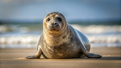Fototapeta premium A lone harbor seal lies stranded on sandy dunes, its usually sleek body worn and weathered from a long struggle against the relentless tide