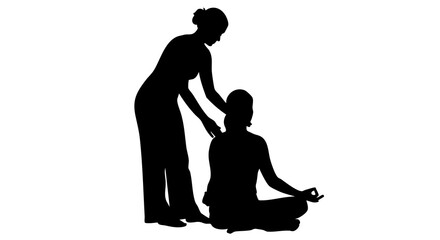 Silhouette of woman receiving neck massage while meditating in lotus position