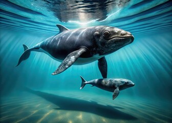 Fototapeta premium A majestic southern right whale glides through shallow waters with her calf by her side