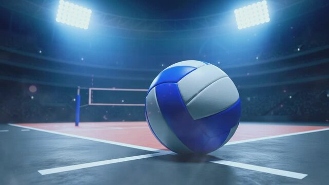 Close up of volleyball on the floor of a volleyball court in a stadium with lighting effects	