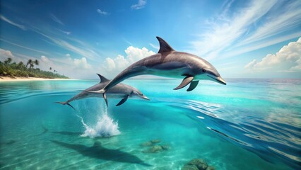 Obraz premium Spinner dolphins leap from turquoise waters in the crystalclear Maldives atolls, their sleek bodies glistening in sunlight