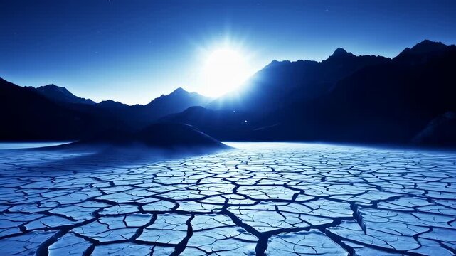 a stark landscape unfolds under a luminous night sky, where parched earth fractures beneath the celestial glow, evoking a sense of profound desolation and resilience