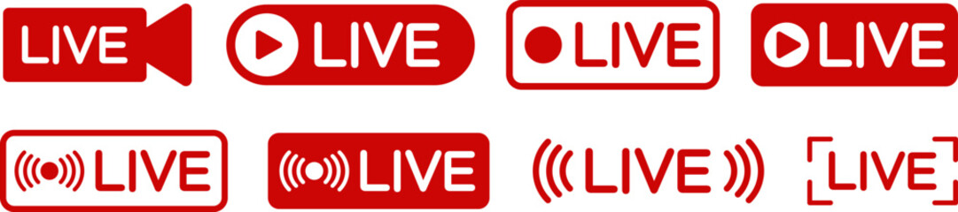 ライブ配信（LIVE）アイコンセット　配信ラベル・バッジ・ボタン　Live Streaming (LIVE) Icon Set – Labels, Badges and Buttons  © ochikosan