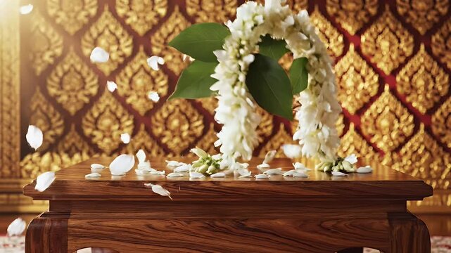 Chaul Chnam Thmey Khmer New Year Luxury Wooden Podium and Golden Pattern Background