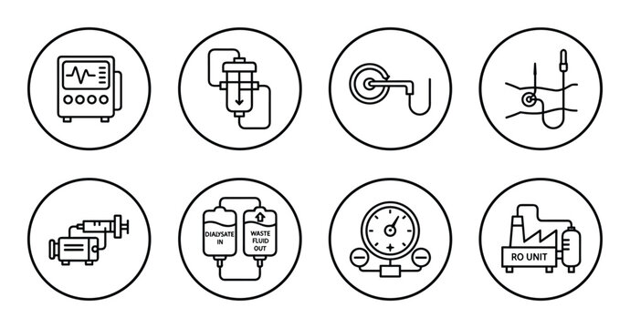 Hemodialysis machine components vector icons showing machine, filter, fistula needle, fluid bags, and RO unit.