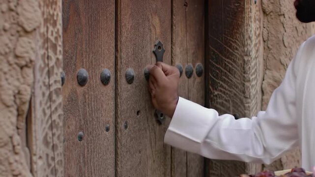 Cinematic 4K Slow Motion of a Traditional Muslim Man Knocking on a Rustic Antique Wooden Door Carrying Dates for Iftar