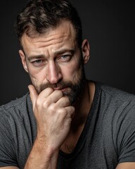 Fototapeta premium man showing emotional contradiction, relaxed posture with intense eyes